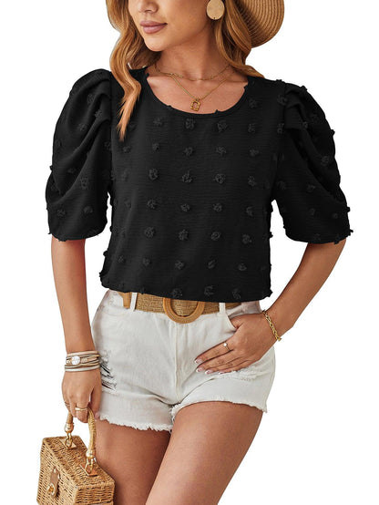 Jacquard Fur Ball Short Sleeve Blouse