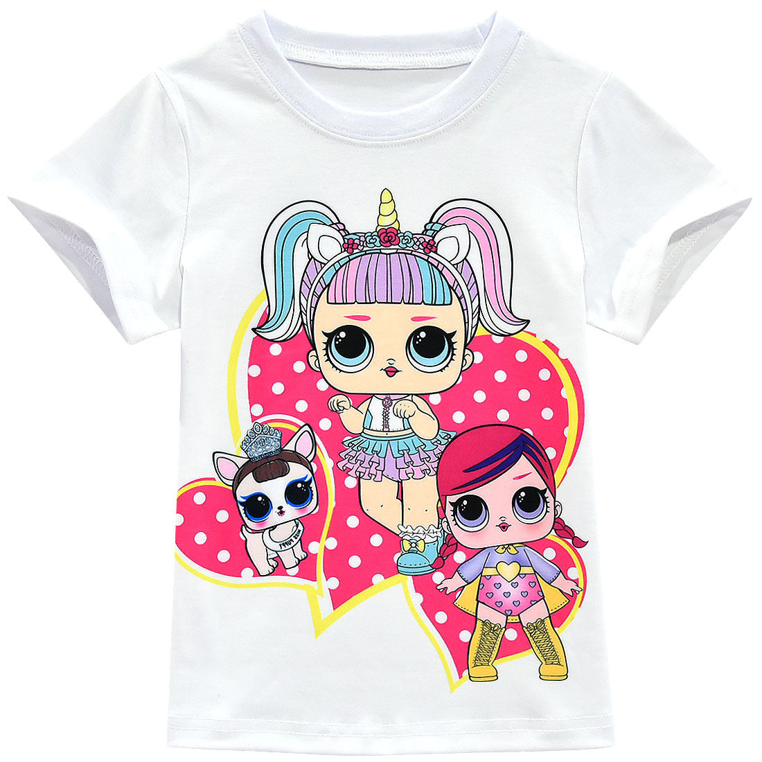 Girls Cartoon Printed Short Sleeves And Skirt Pink Doll Suit