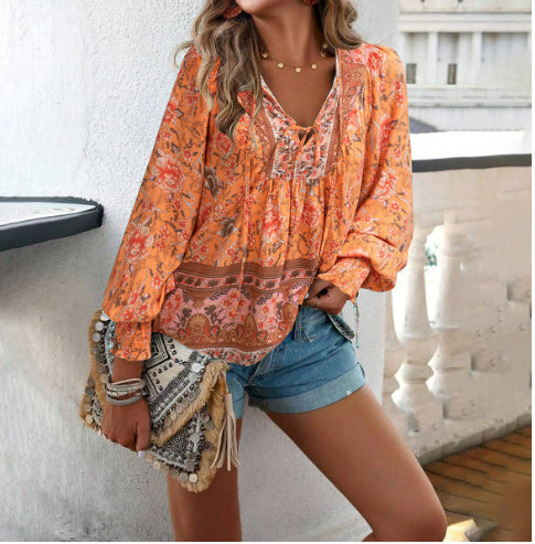 Women's V-neck Long Sleeve Floral Tunic