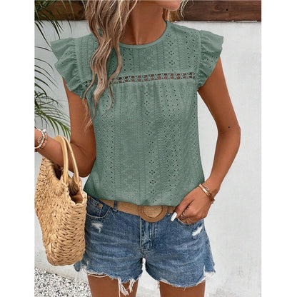 Lace Solid Color Ruffled Short Sleeve Blouse