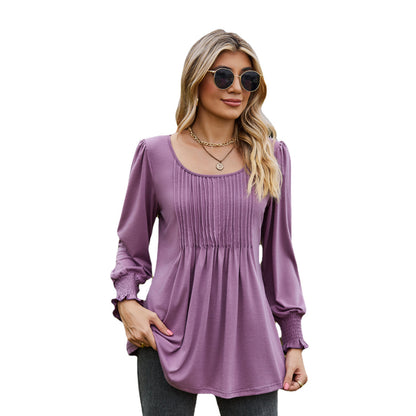 Round Neck Drawstring Cuff Smocking Women T-shirt