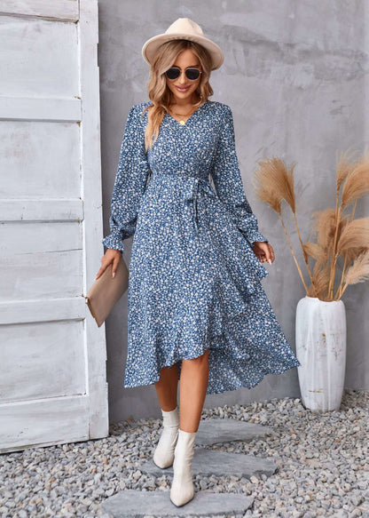 Flowers Print Long Sleeve Dress Ruffled