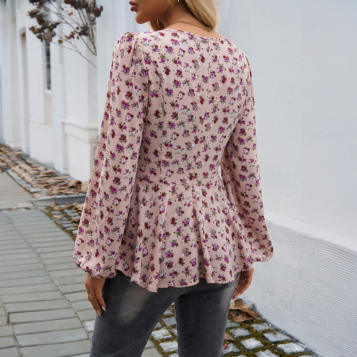 Floral Print Long Bubble Sleeve Blouse - Magic Moon Store