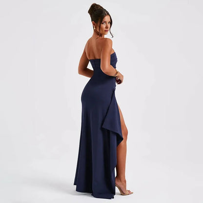 back blue Strapless Split Long Pleated Dress