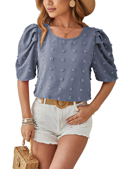 Jacquard Fur Ball Short Sleeve Blouse