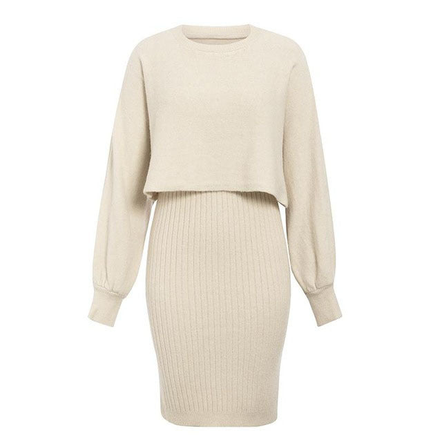 Knitted Dress & Pullover Lantern-sleeved Sweater Set