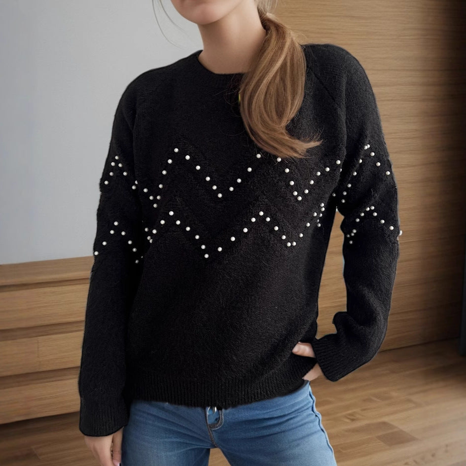 black Crew Neck Casual Long-sleeved Pearl Sweater