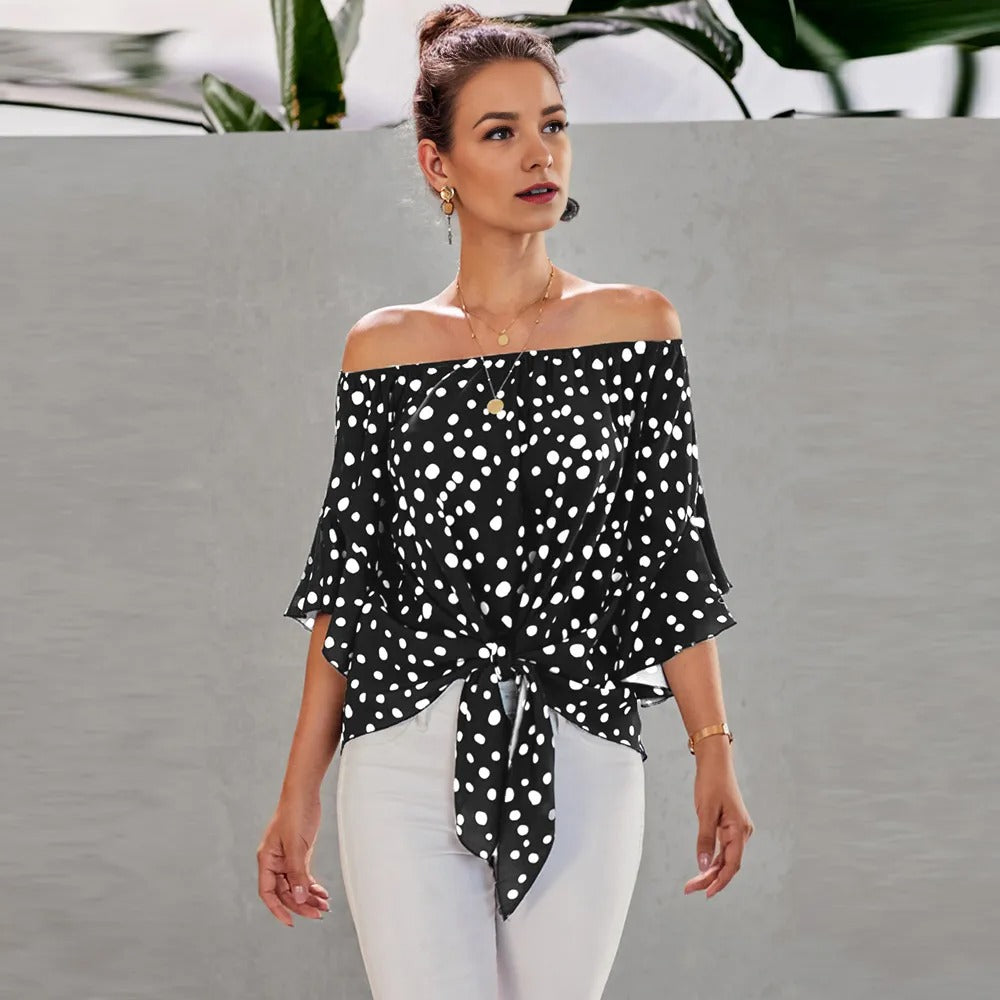 black Women Three-Quarter Sleeve Polka Dot Blouse