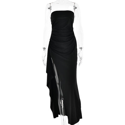 black dress Strapless Split Long Pleated Dress