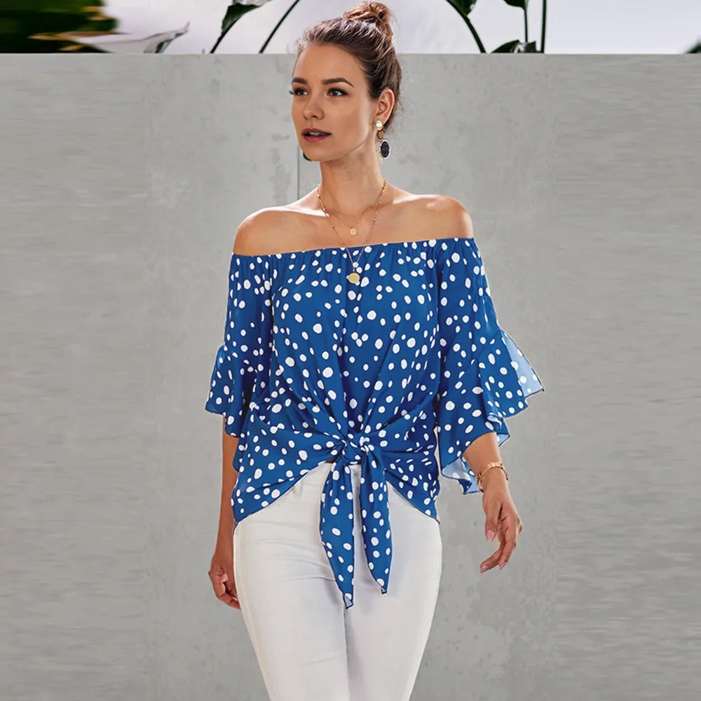 blue Women Three-Quarter Sleeve Polka Dot Blouse