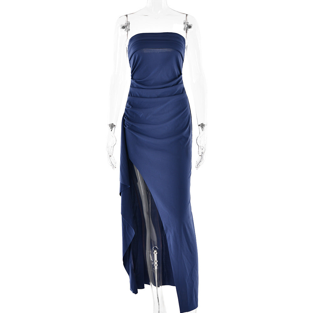 blue dress- Strapless Split Long Pleated Dress