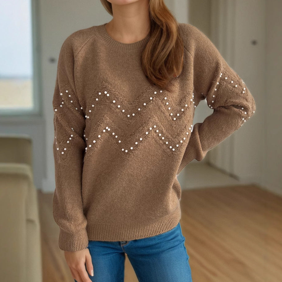 brown Crew Neck Casual Long-sleeved Pearl Sweater