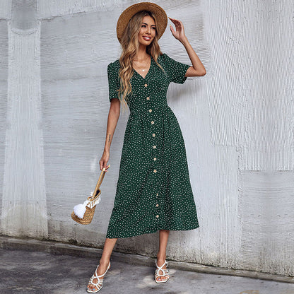 Cross-border V-neck Short Sleeve Polka Dot Dress