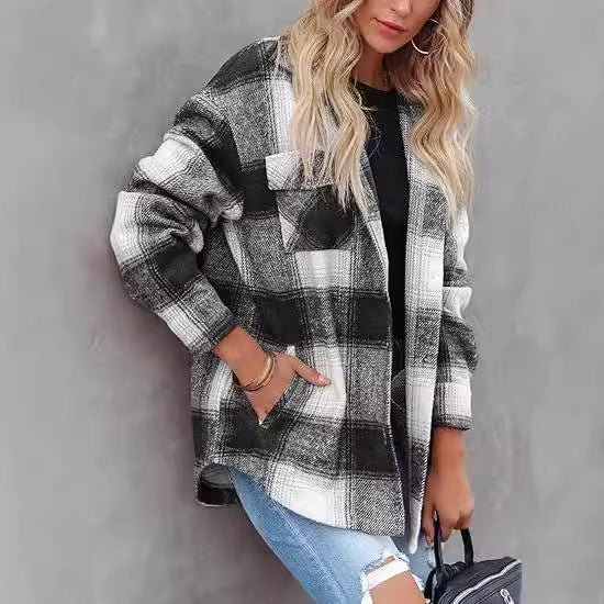 Women's Plaid Buckle Jacket Casual Fashion Long Sleeve