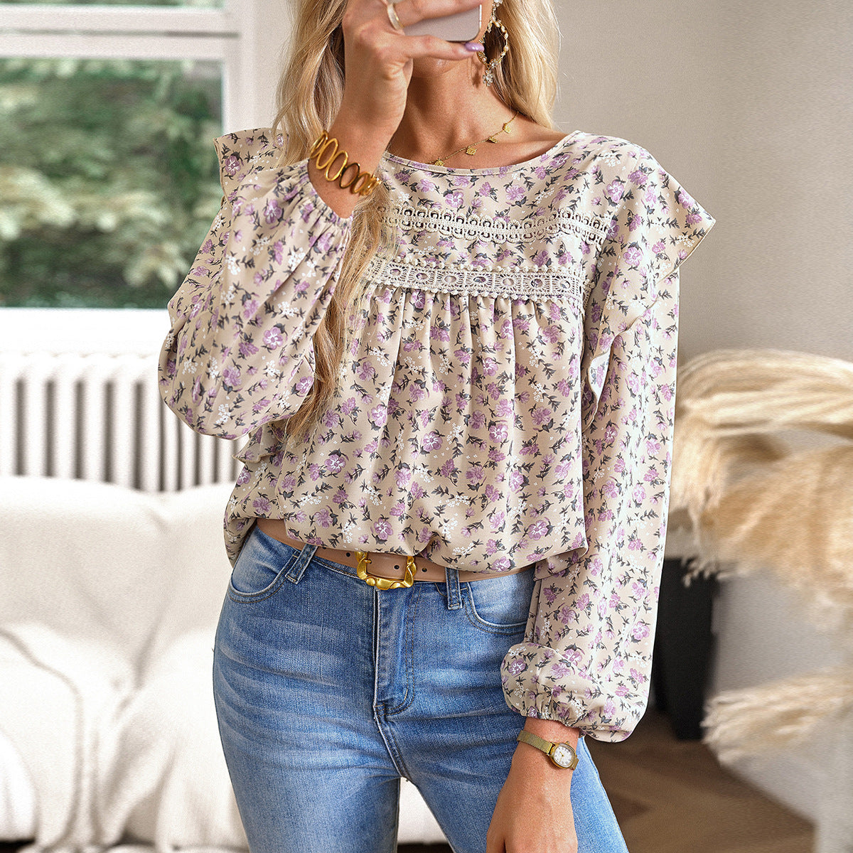 Women's Fashion Round Neck Long Sleeve Floral Shirt