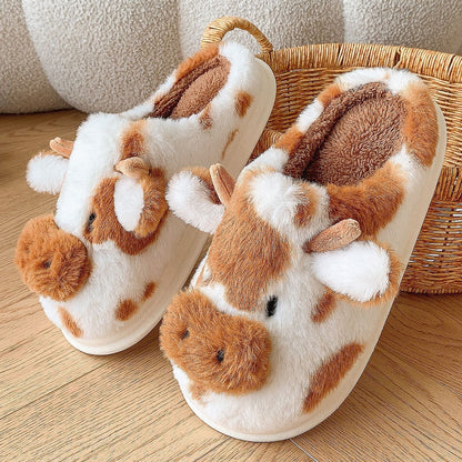 Cute Cartoon Cow Plush Slippers Winter Warm Indoor Bedroom Floor Fuzzy Slipper