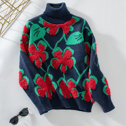 Three dimensional Flocking Floral Lapel Sweater - Magic Moon Store