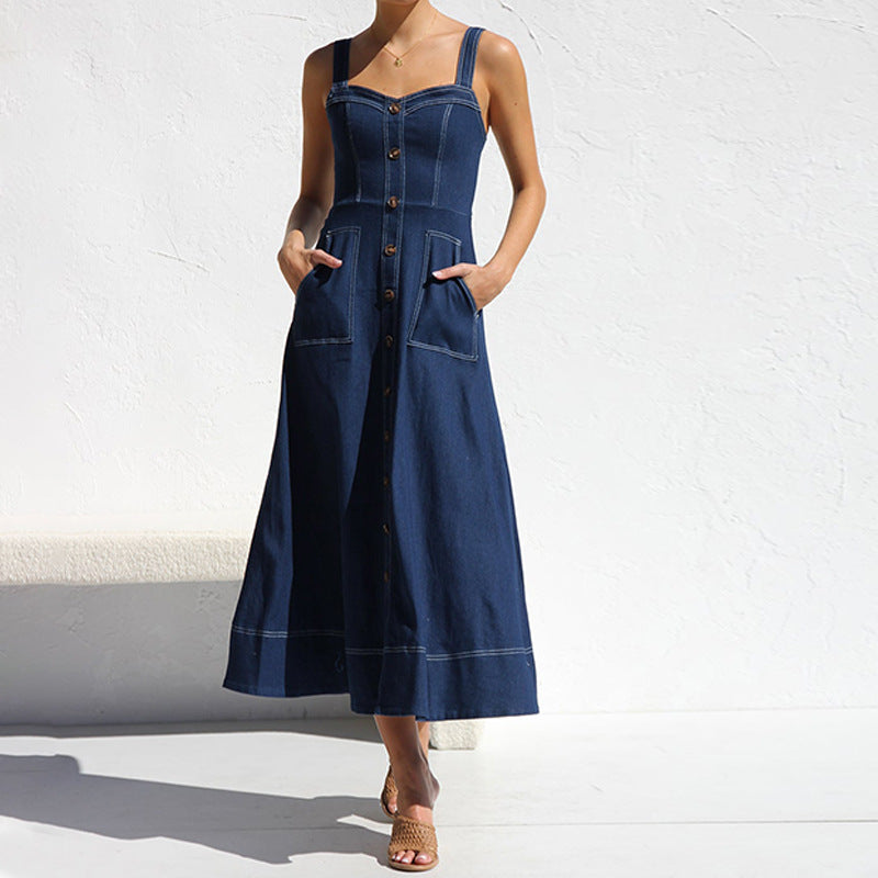 Sling Distressed Casual Style Button Denim Long Dress