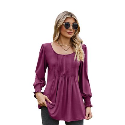 Round Neck Drawstring Cuff Smocking Women T-shirt