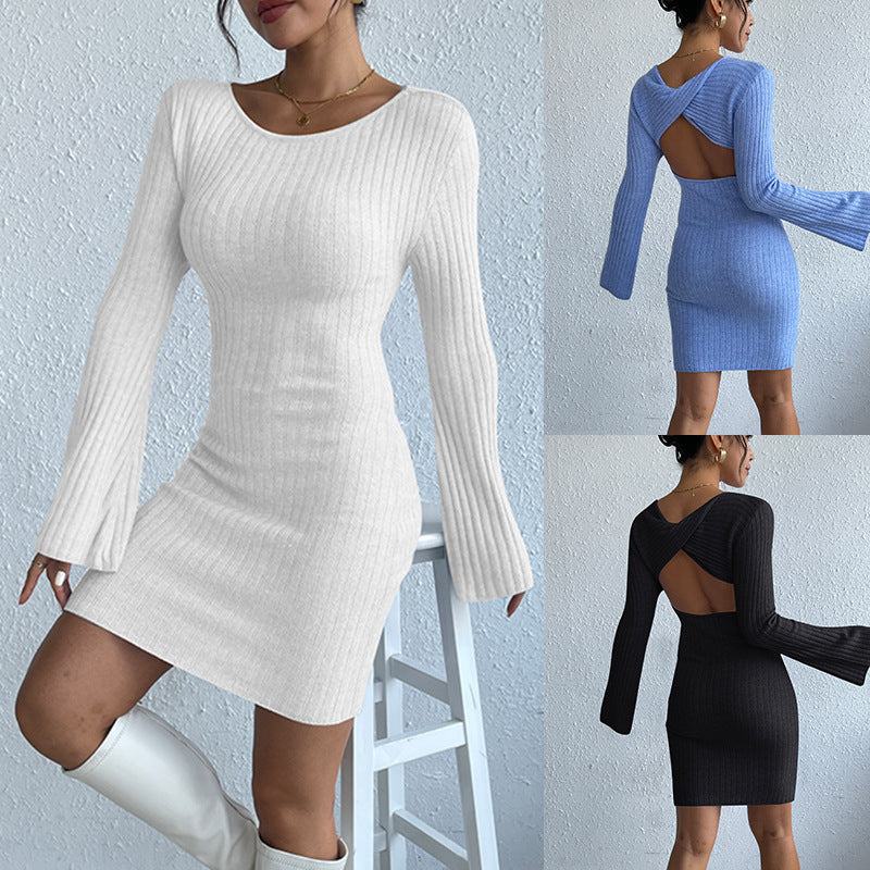 Backless Solid Color Long Knitted Dress - Magic Moon Store