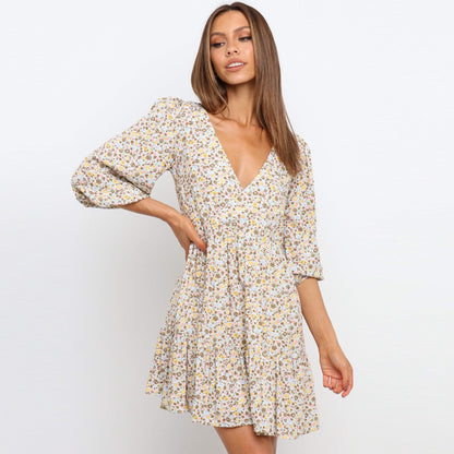 Floral V-neck Lantern Sleeve Pleated Dress