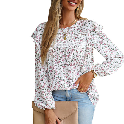 Women's Fashion Round Neck Long Sleeve Floral Shirt