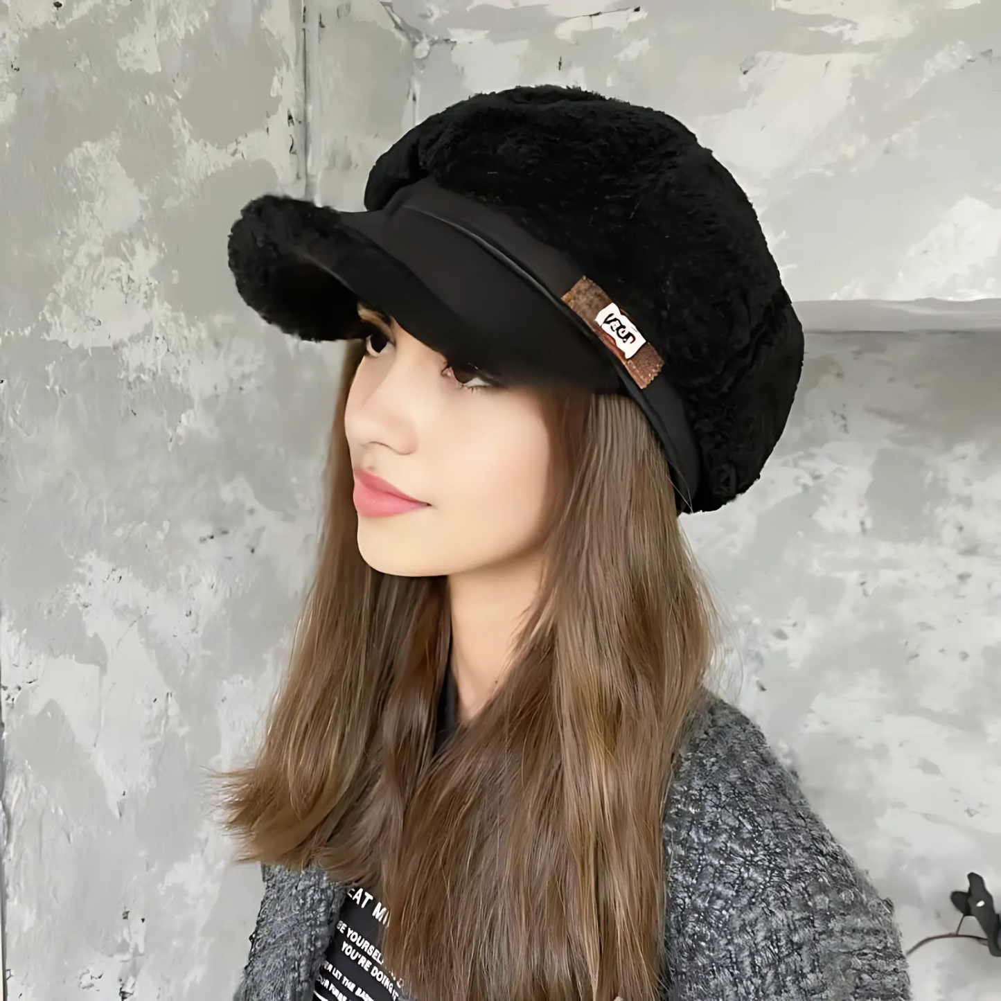 Faux Cashmere Leather Tag Octagonal Winter Warm Peaked Cap