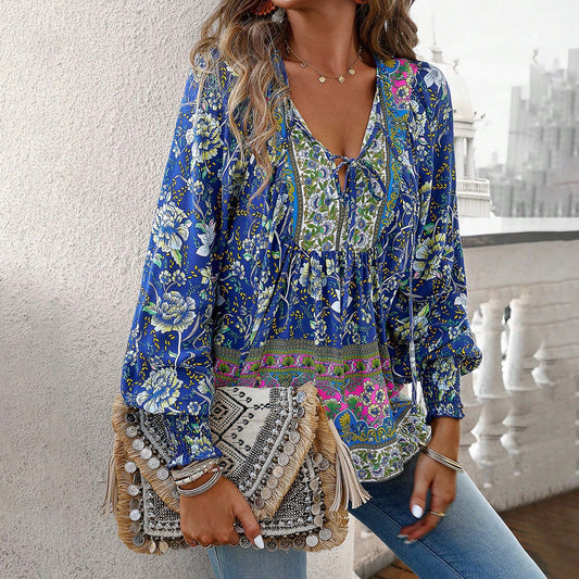 Women's V-neck Long Sleeve Floral Tunic