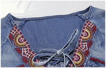 Denim Retro Embroidery Strap Blouse