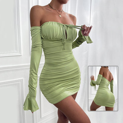 Women's Slim Off-shoulder Long Sleeve Tie Pleated Short Dress