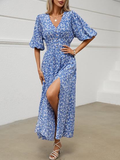 V-neck Lantern Sleeve Waist-tight Flowers Dress