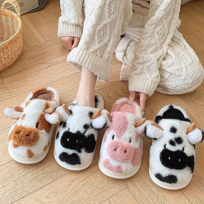 Cute Cartoon Cow Plush Slippers Winter Warm Indoor Bedroom Floor Fuzzy Slipper