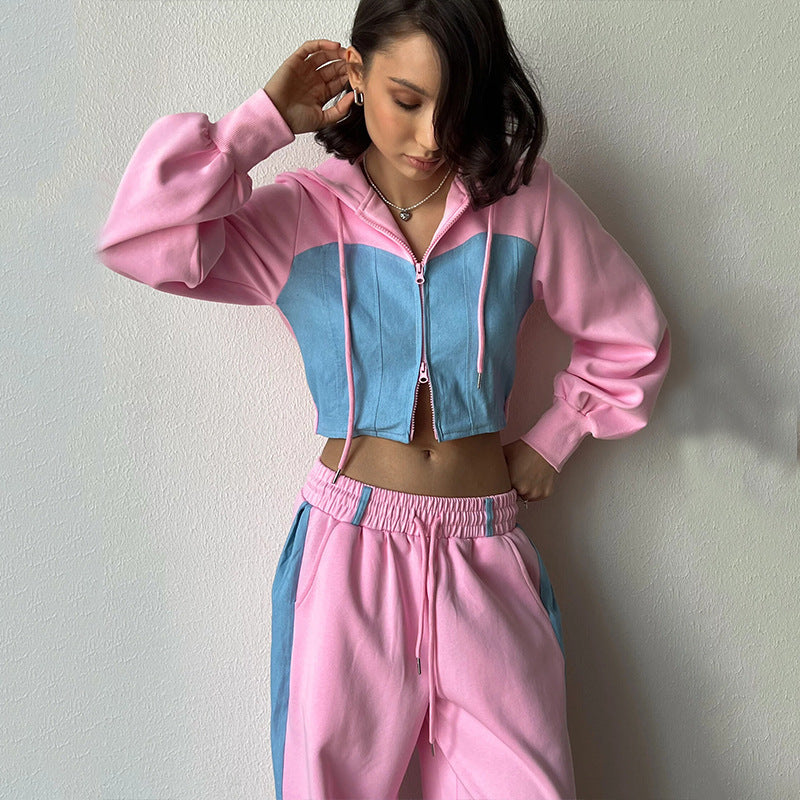 Casual Long Sleeve Cardigan Cap Sweatpants Set