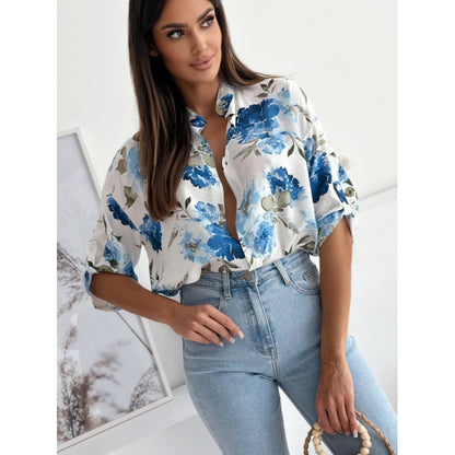 Loose Casual Print Shirt Half Collar Top