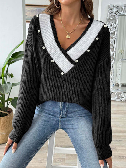 Pearl Beaded Patchwork Sweater - Magic Moon Store