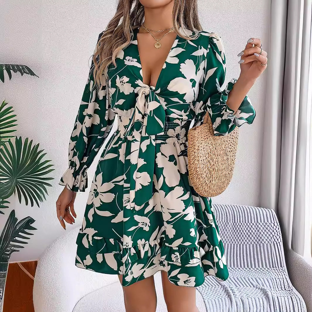 Floral V-Neck Long Sleeve Dress Fashion Ruffles Bowknot A-Line