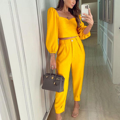 Long Sleeve Top High Waist Ankle-tied Trousers Set