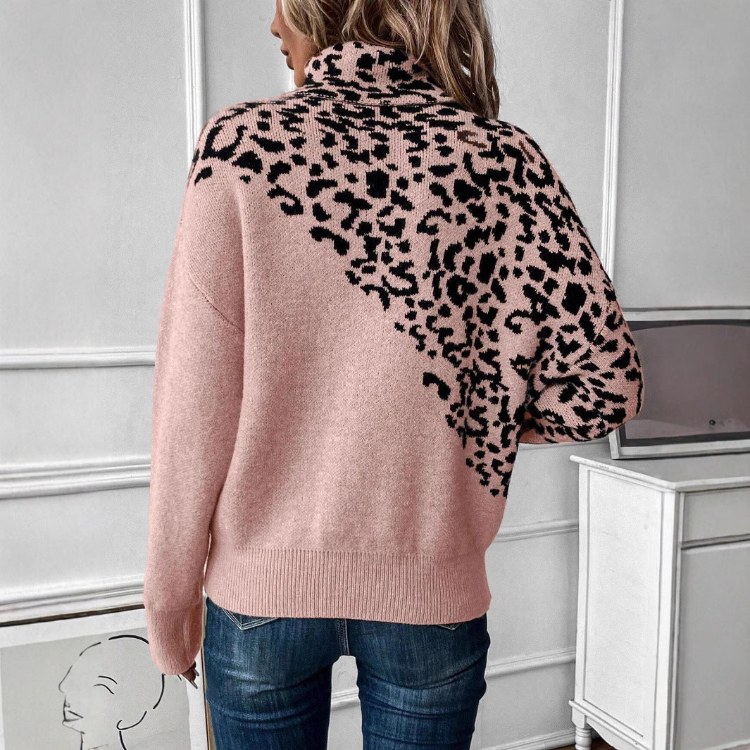 Turtleneck Leopard Print Long Sleeve Loose Sweater