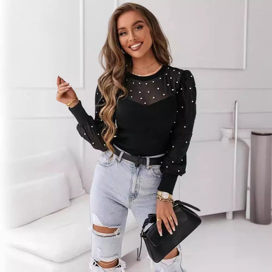 Mesh Beaded Stitching Long-sleeved Black Top