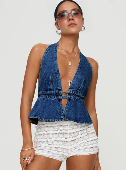 Exposed Back Halter Lace-up Denim Top - Magic Moon Store