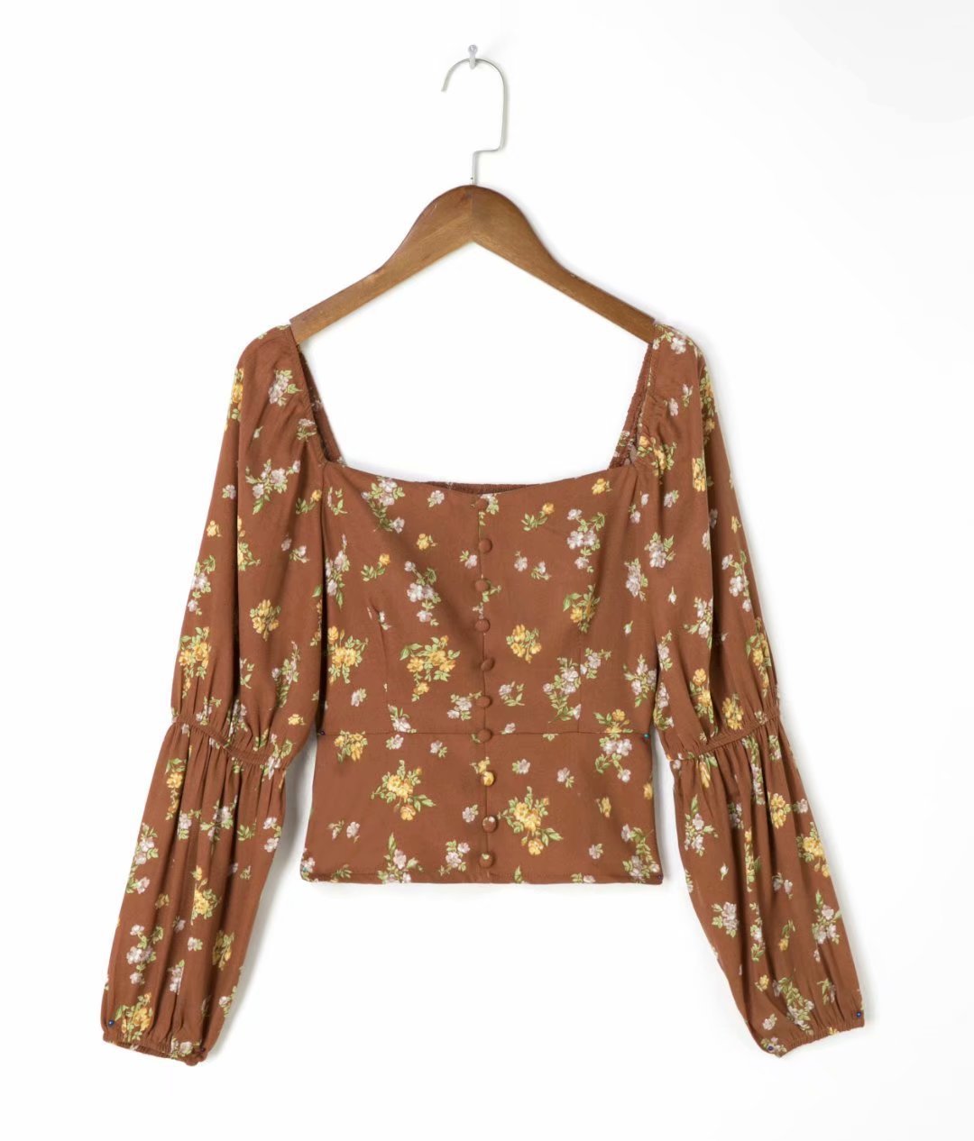 Slim Fit Long Sleeve Printed Brown Floral Blouse - Magic Moon Store