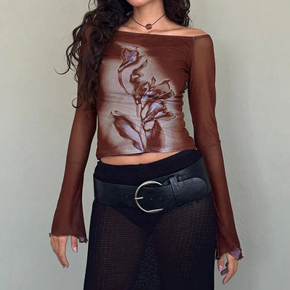 Women's Mesh Top Retro Long sleeved T-shirt