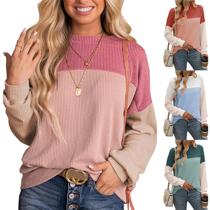 Three-tone long-sleeved loose t-shirt