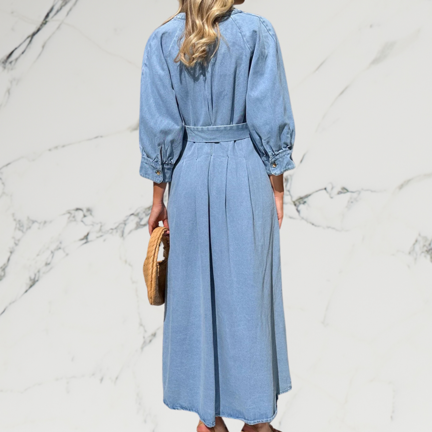 Button Down Denim Dress with Lace Up Waist - Magic Moon Store