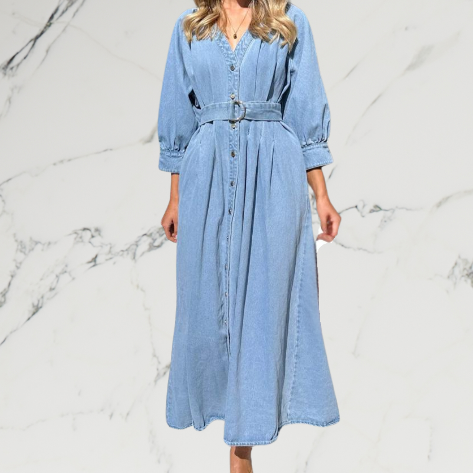 Button Down Denim Dress with Lace Up Waist - Magic Moon Store