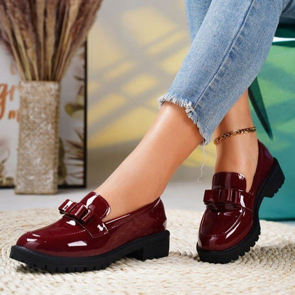 Patent Leather Glossy Tassel Mid Heel Retro Loafers - Magic Moon Store