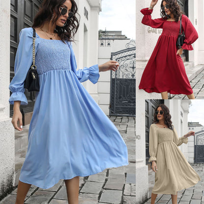 Long Flared Sleeve Pleated Dress