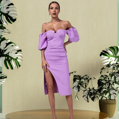 Solid Color Lantern Sleeve Bandage Dress - Magic Moon Store