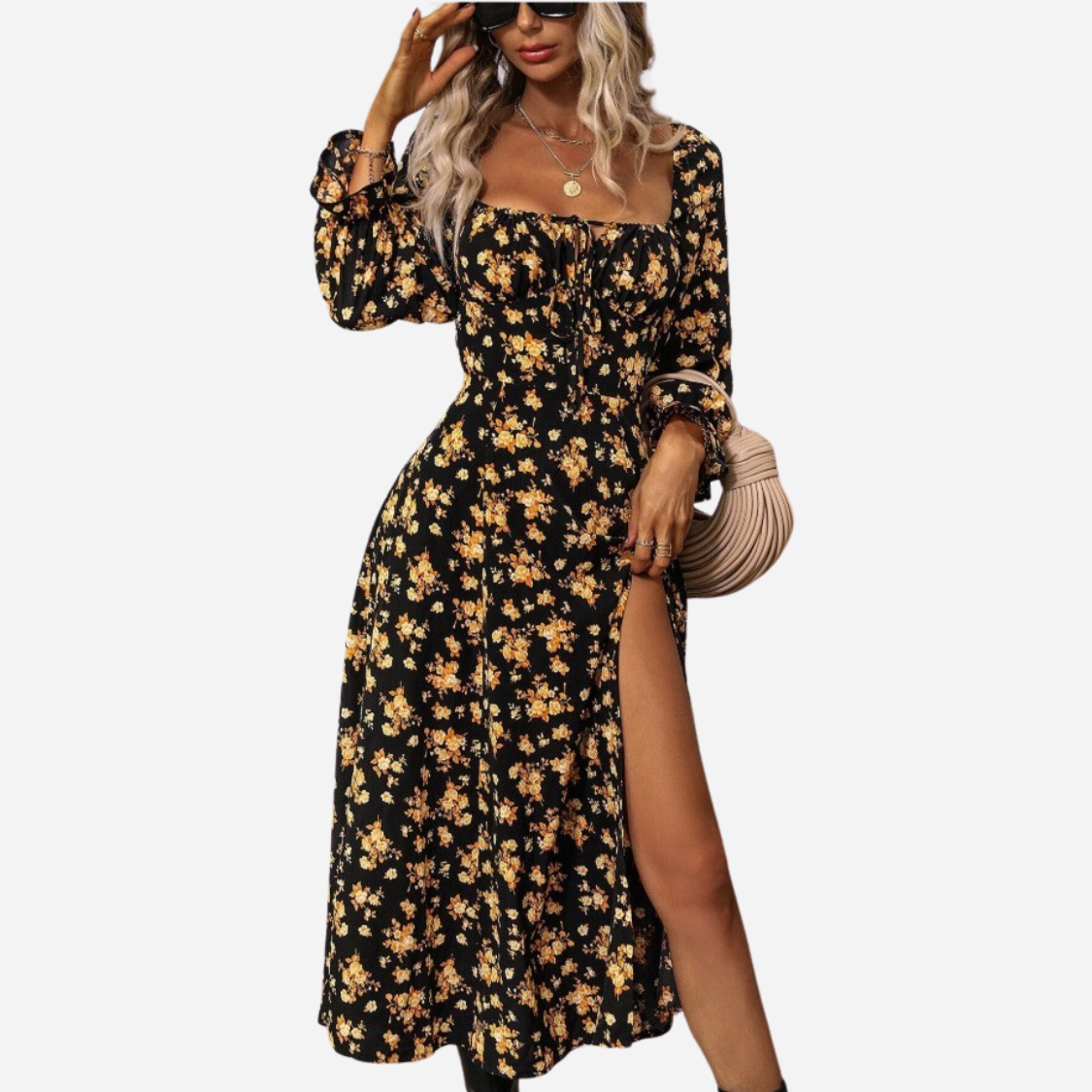 Flowers Printing Long Sleeve Square-neck Bottom Slit Long Dress