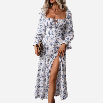 Flowers Printing Long Sleeve Square-neck Bottom Slit Long Dress